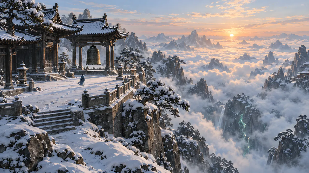 A snow temple with a great bell above a sea of clouds and a thousand peaks at sunrise.