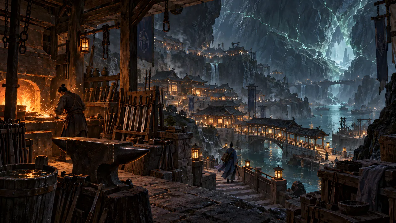 An underground town of forges and lantern bridges beneath green-lit cliffs.