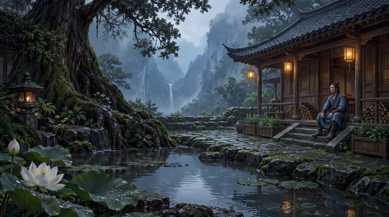 A wooden house under wet mountains, lanterns lit, a man sitting on the porch step.