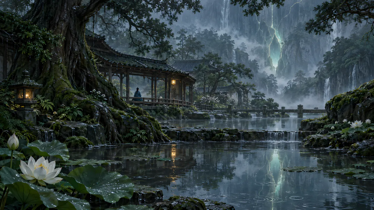 A lantern-lit pavilion over still water, lotus in the rain.